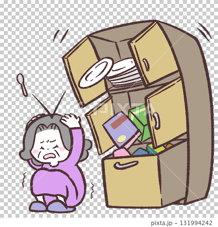 Illustration of a senior woman and a cupboard with items flying out of it during an earthquake Illustration of a senior woman and a cupboard with items flying out of it during an earthquake 131994242