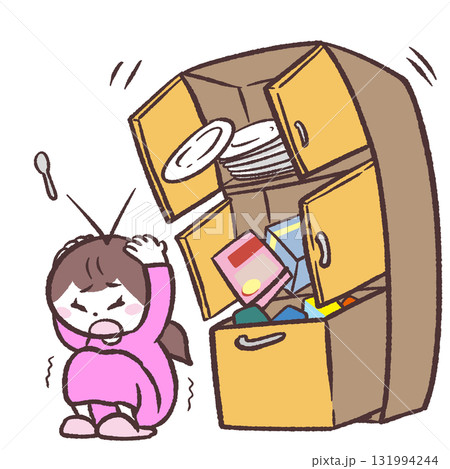 地震で物が飛び出す戸棚と女性のイラスト 地震で物が飛び出す戸棚と女性のイラスト 131994244
