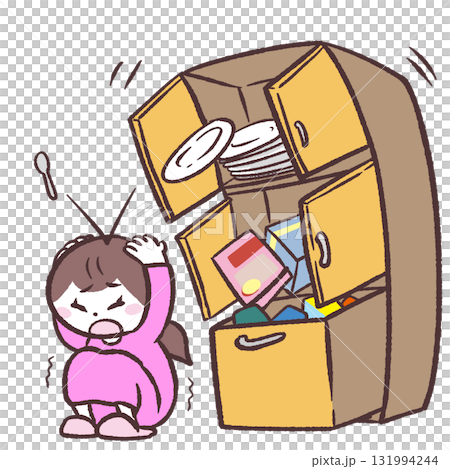 地震で物が飛び出す戸棚と女性のイラスト 地震で物が飛び出す戸棚と女性のイラスト 131994244