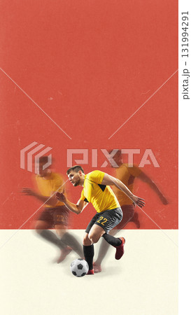 Bold colorful poster. Soccer player sprinting with ball across red and white background motion sequence 131994291
