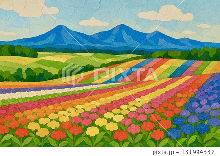 丘陵　花畑　北海道イメージ　貼り絵風 131994337