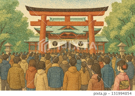 お正月　初詣　神社　砂絵調 131994854
