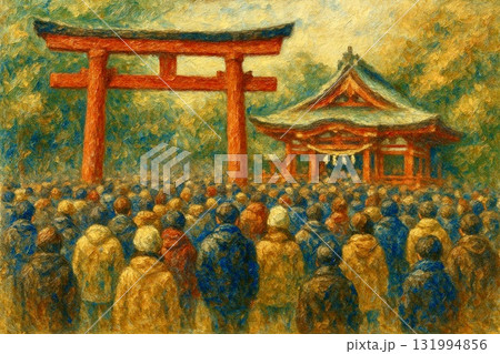 お正月　初詣　神社　油彩画 131994856