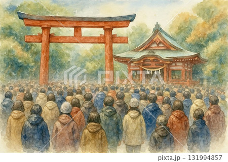 お正月　初詣　神社　水彩画 131994857