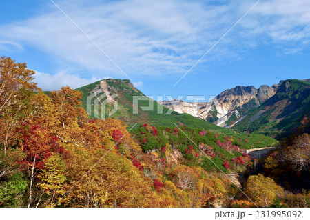 青空をバックに紅葉に染まる10月の十勝岳連峰「十勝岳温泉」から望む 青空をバックに紅葉に染まる10月の十勝岳連峰「十勝岳温泉」から望む 131995092