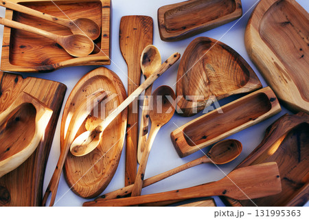 wooden kitchen ware on white background isolated 131995363