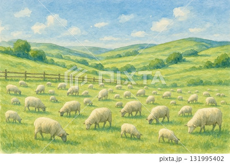 羊　ひつじ　牧場　放牧　水彩画 131995402