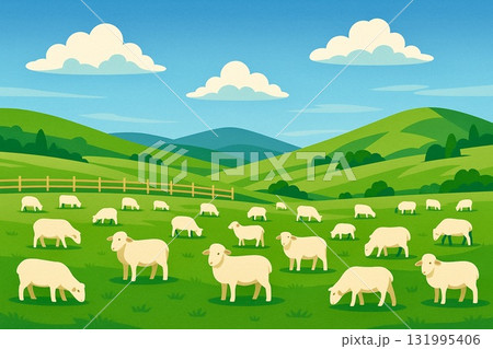 羊　ひつじ　牧場　放牧　ベクター 131995406