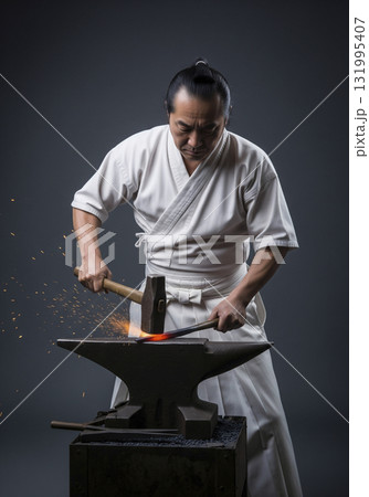 日本刀を作る刀匠　玉鋼を鍛錬する 131995407