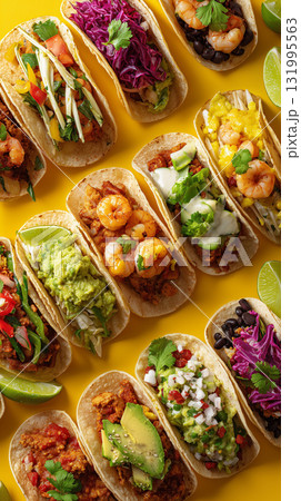 Delicious tacos filled with fresh ingredients on a vibrant yellow background 131995563