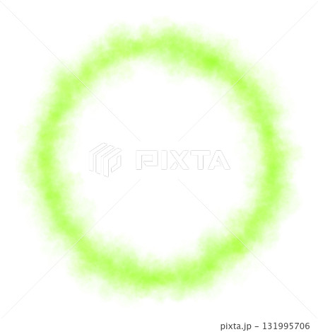 Bright green smoke ring on transparent background with soft glow effect and vivid luminous mist in circular shape 131995706