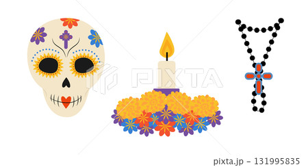 Sugar Skull Floral Altar with Burning Candle and Rosary with Cross. Day of the Dead Design Elements 131995835