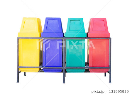 The colorful trash cans are separate objects in red, yellow, blue, and green. 131995939