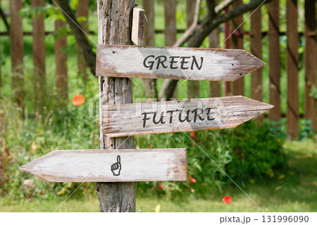 Weathered wooden signs attached to a post point different directions 131996090