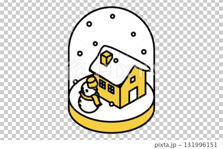 Isometric illustration of a line drawing icon of a snow globe with a snowy house and a snowman Isometric illustration of a line drawing icon of a snow globe with a snowy house and a snowman 131996151