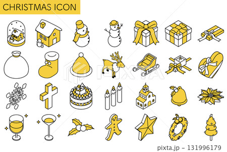 クリスマスの線画アイコンセット　雪だるま、ツリー、リースなど冬のかわいい, アイソメトリックイラスト 131996179