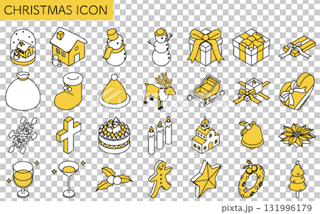 聖誕線條畫圖示集：雪人、樹木、花圈和其他可愛的冬季等距插圖 131996179