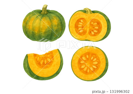 水彩風かぼちゃのイラストセット（4点）｜秋の季節・料理・野菜素材 131996302