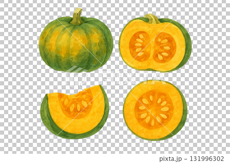 水彩風かぼちゃのイラストセット（4点）｜秋の季節・料理・野菜素材 131996302