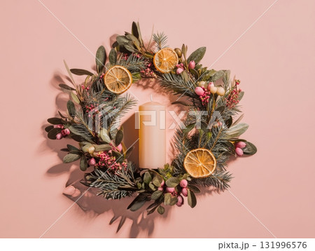 Christmas Wreath with Candle flat lay Christmas Wreath with Candle flat lay 131996576