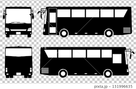 Black and white silhouette of a tourist bus seen from the front, back and side Black and white silhouette of a tourist bus seen from the front, back and side 131996635