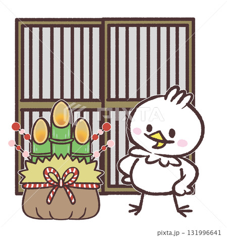 玄関に門松を飾った白い鳥のイラスト 131996641