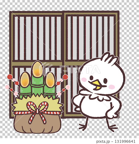 玄関に門松を飾った白い鳥のイラスト 131996641