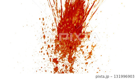 Photograph capturing a dramatic blood splash on a clean white background. The red liquid forms organic droplets and abstract shapes. Adeal for horror, medical, or artistic use. 131996903