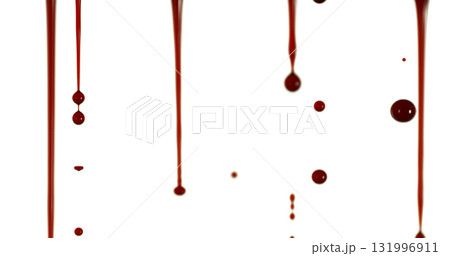 Freeze Motion of Photograph of Dripping Blood Forming Thin Streams and Scattered Droplets on a Clean White Background. Ideal for Horror, Medical, or Crime Related Visual Concepts. Realistic and Freeze Motion of Photograph of Dripping Blood Forming Thin Streams and Scattered Droplets on a Clean White Background. Ideal for Horror, Medical, or Crime Related Visual Concepts. Realistic and 131996911