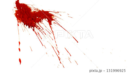 Photograph capturing a dramatic blood splash on a clean white background. The red liquid forms organic droplets and abstract shapes. Adeal for horror, medical, or artistic use. Photograph capturing a dramatic blood splash on a clean white background. The red liquid forms organic droplets and abstract shapes. Adeal for horror, medical, or artistic use. 131996925