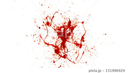 Photograph capturing a dramatic blood splash on a clean white background. The red liquid forms organic droplets and abstract shapes. Adeal for horror, medical, or artistic use. Photograph capturing a dramatic blood splash on a clean white background. The red liquid forms organic droplets and abstract shapes. Adeal for horror, medical, or artistic use. 131996929