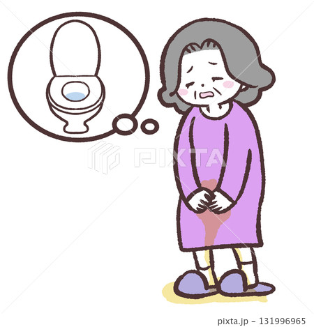 トイレに間に合わず漏らすシニア女性のイラスト トイレに間に合わず漏らすシニア女性のイラスト 131996965