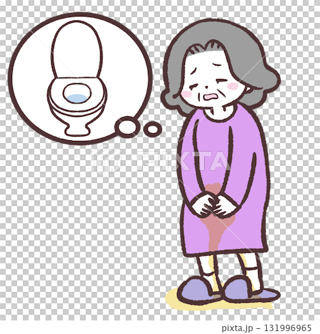 トイレに間に合わず漏らすシニア女性のイラスト トイレに間に合わず漏らすシニア女性のイラスト 131996965