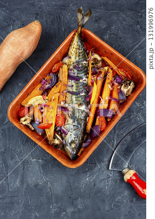 Oven baked mackerel. Oven baked mackerel. 131996976