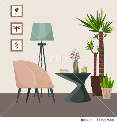 A cozy modern living room interior design. An armchair with a floor lamp, a modern coffee table with a vase and books, green potted plants, and decorative paintings on the wall. 131997006