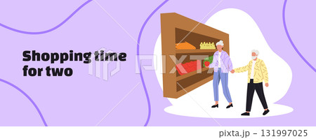 Shopping time for two. Elderly couple shopping together in supermarket. Senior man and woman buying groceries. Flat vector illustration Shopping time for two. Elderly couple shopping together in supermarket. Senior man and woman buying groceries. Flat vector illustration 131997025