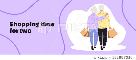 Shopping time for two. Elderly couple shopping together in supermarket. Senior man and woman buying groceries. Flat vector illustration 131997030