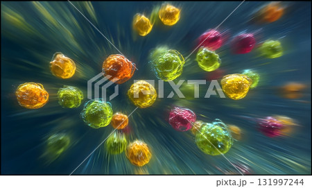 Colorful amoeba cluster floating with dynamic motion blur Colorful amoeba cluster floating with dynamic motion blur 131997244