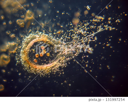 Scientific close up amoeba engulfing food particle 131997254