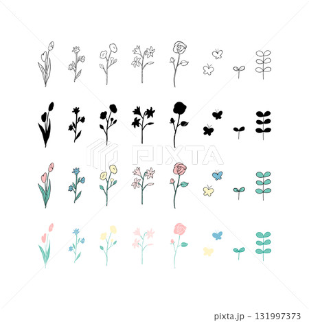 シンプルな花と葉っぱのかわいい植物のイラスト 131997373