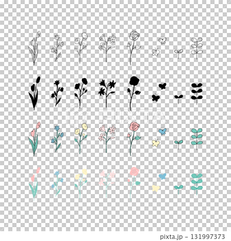 シンプルな花と葉っぱのかわいい植物のイラスト 131997373