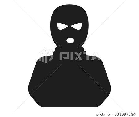 Incognito anonymous character silhouette icon, hacker or scammer with hidden face, villain. Thief, criminal, robber simple sign.  131997384