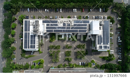 solar powered office complex from aerial view solar powered office complex from aerial view 131997666