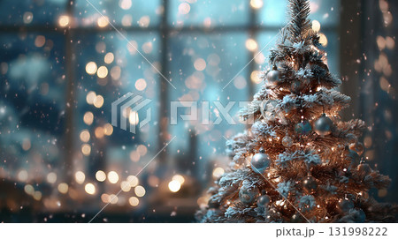 雪の夜に輝くクリスマスツリー 131998222