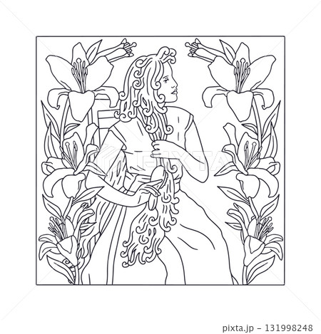 Art nouveau style woman brushing very long hair and lily flower frame adult coloring book page vector illustration 131998248