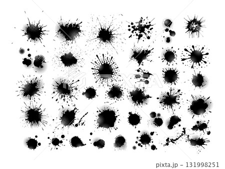 Set of blots. Black spots of paint on a white background. Grunge frame of paint. Hand drawn. Not AI, vector illustration. 131998251
