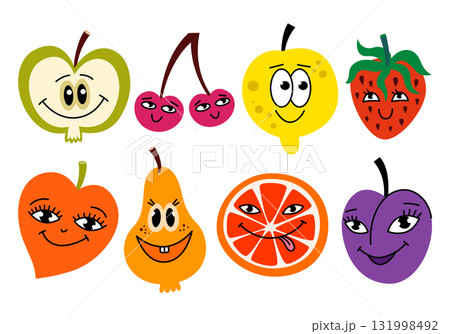 Cute vector collection of cartoon fruits and berries characters with faces. Colorful funny flat stickers and illustrations for kids. Orange, lemon, strawberry, peach, apple, pear, plum and cherry. Cute vector collection of cartoon fruits and berries characters with faces. Colorful funny flat stickers and illustrations for kids. Orange, lemon, strawberry, peach, apple, pear, plum and cherry. 131998492