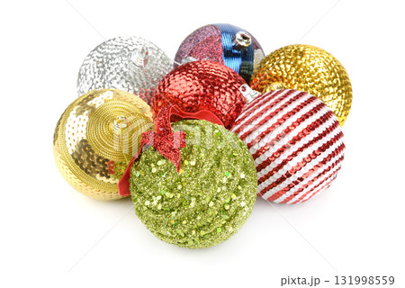 Cluster of Christmas Ornaments Featuring Glitter Stripes Sequins and Bows in Red Green Gold Silver and Blue on White Background for Festive Decoration Theme 131998559
