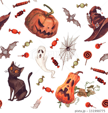 Halloween pattern - pumpkin, black cat, witch hat, ghost, candy, leaves, candle, bat. festive watercolor illustration on a white background. seamless texture for printing on fabric, paper, packaging Halloween pattern - pumpkin, black cat, witch hat, ghost, candy, leaves, candle, bat. festive watercolor illustration on a white background. seamless texture for printing on fabric, paper, packaging 131998775