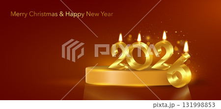 2026 Happy New Year banner Podium, 2026 lit candle 3D gold numbers with fire, Merry Christmas, Festive sparkle holiday card, invitation red background, copy space for your text, vector illustration 2026 Happy New Year banner Podium, 2026 lit candle 3D gold numbers with fire, Merry Christmas, Festive sparkle holiday card, invitation red background, copy space for your text, vector illustration 131998853